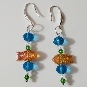 925 STERLING goldfish bubbles earrings hooks fish murano art glass lampwork